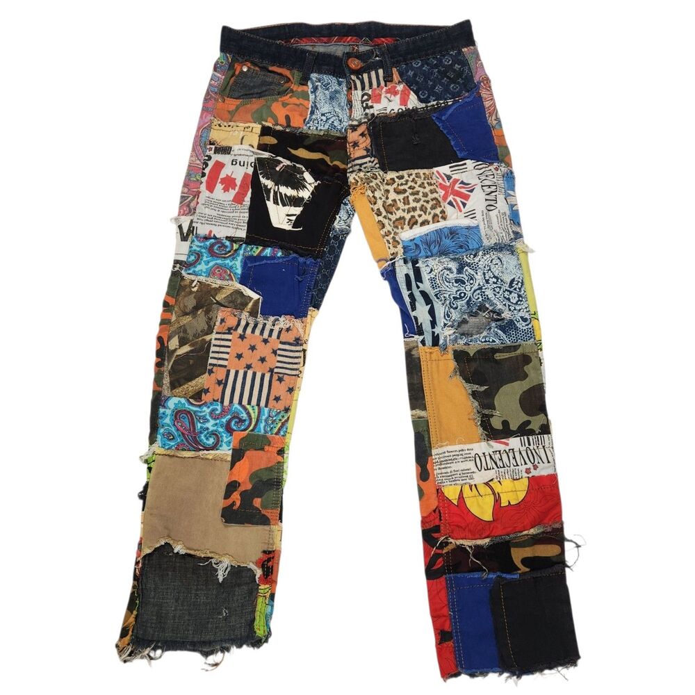 Eclectic Patchwork Multicolor Pants with Distressed Hem